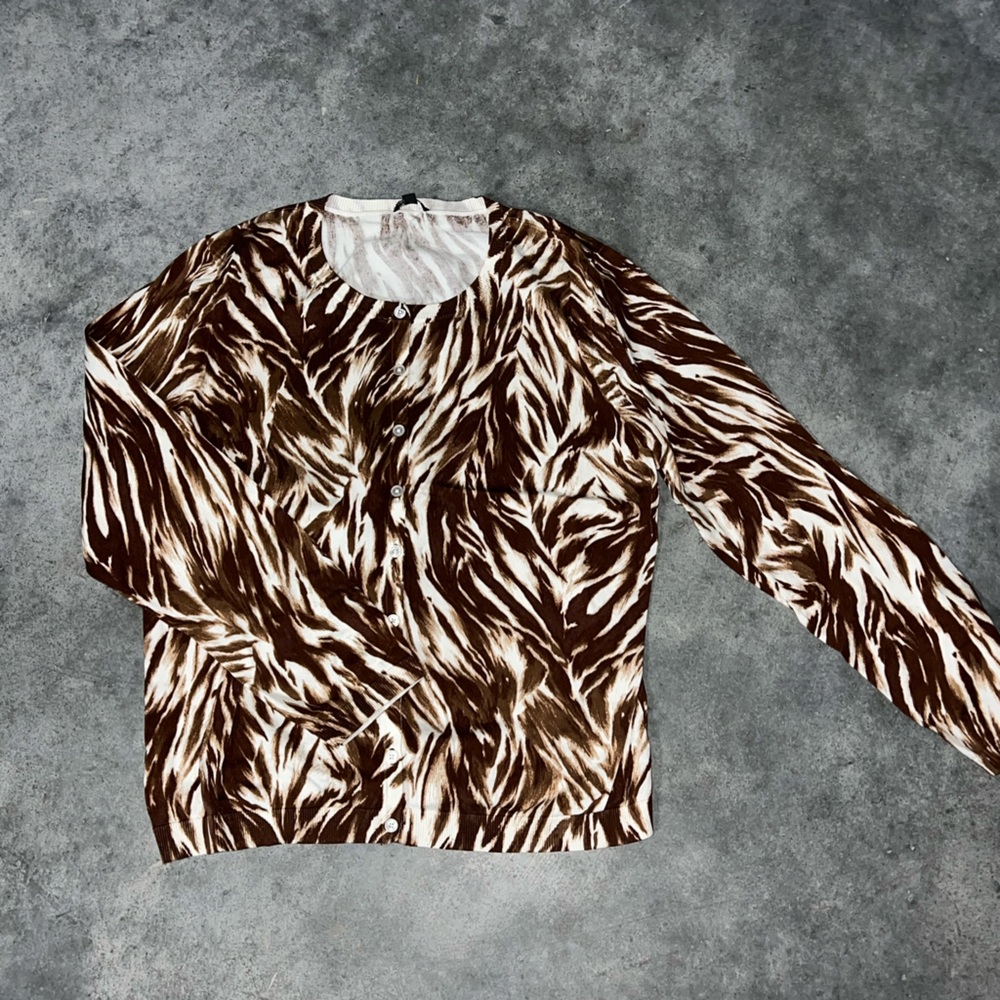 Talbots Brown and Cream Abstract Print Long-Sleeve Top